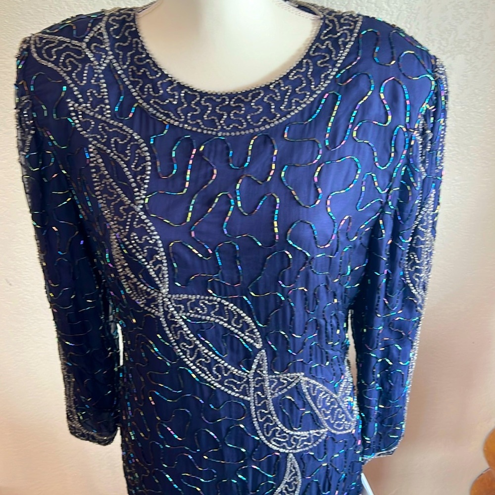 Iridescent navy blue, fancy sequined knee length dress